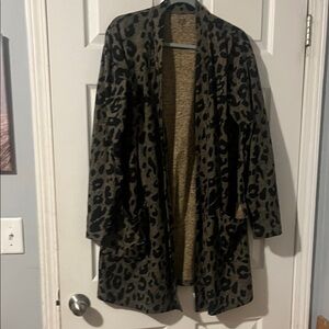 Alfred Dunner Olive & Black Leopard Print Open Cardigan
